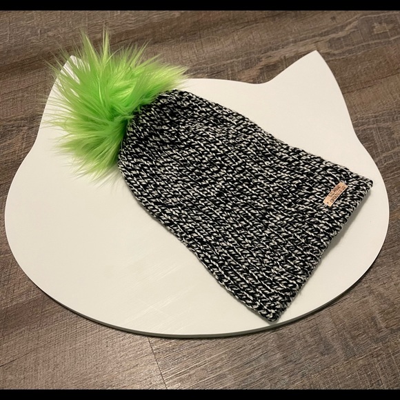 Fun homemade cat lady winter hat. Black & white slouchy knit beanie. Neon Pom - Picture 2 of 6